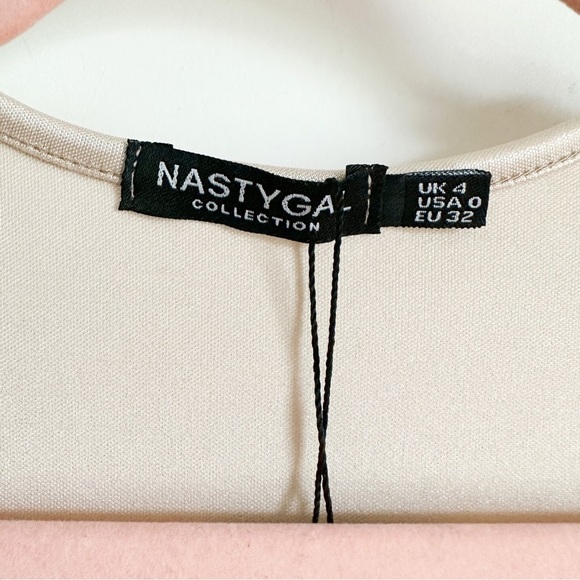 NWT Nasty Gal Champagne Scuba Satin Power Shoulder Draped Dress sz 0 - Picture 11 of 12